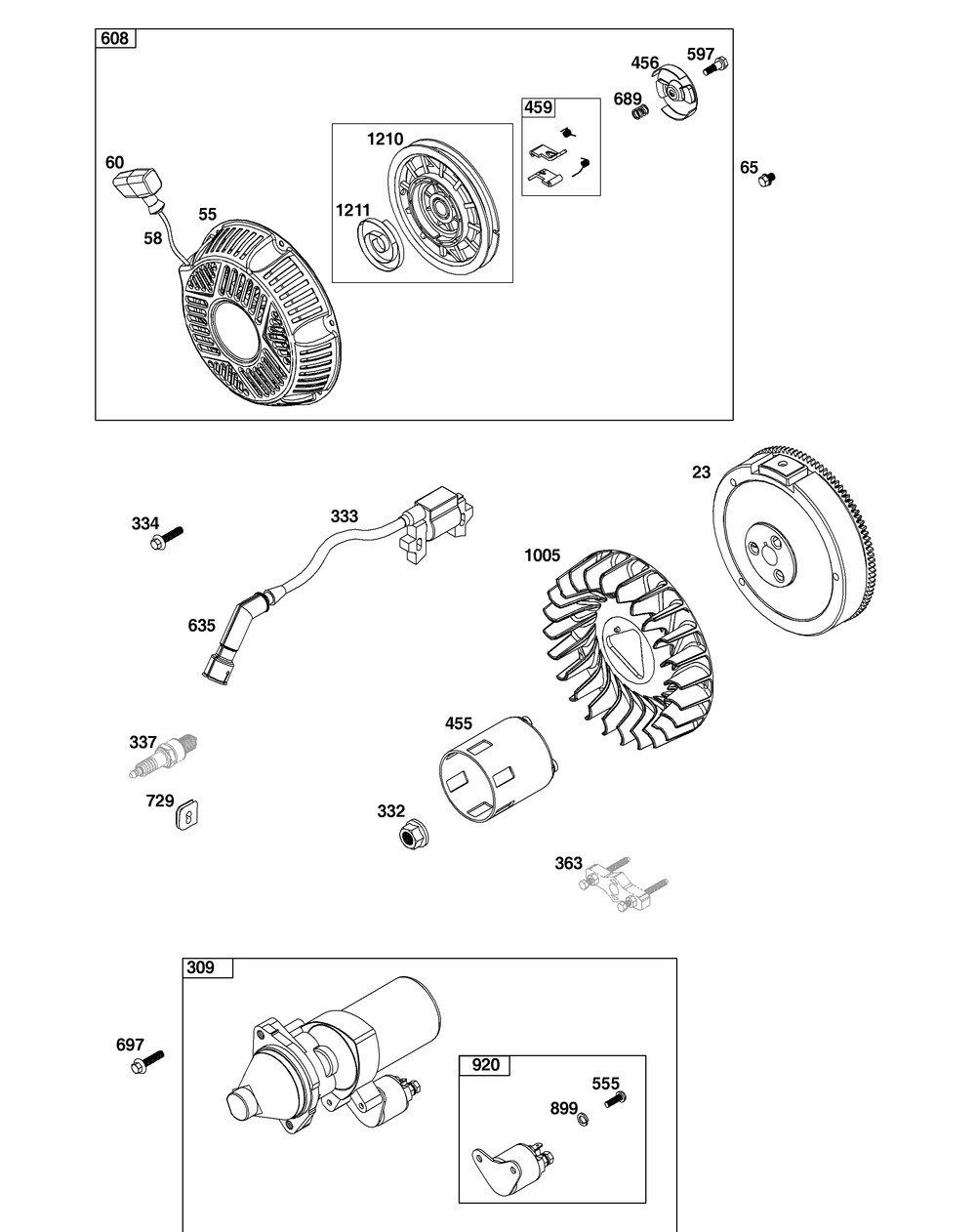 Flywheel, Ignition, And Starter Group Diagram and Parts List for 25T237-0036-H5 200000 - 399999 Briggs and Stratton Engine
